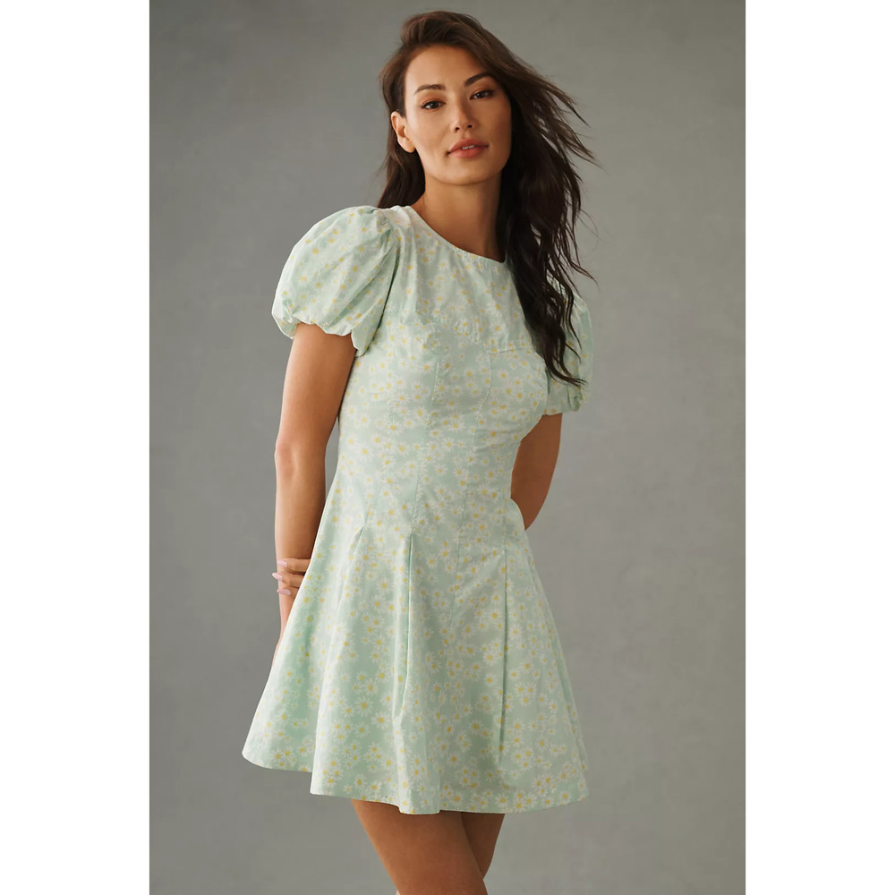 NWT ANTHROPOLOGIE MAEVE Puff-Sleeve Pleated Dress Size M Mint